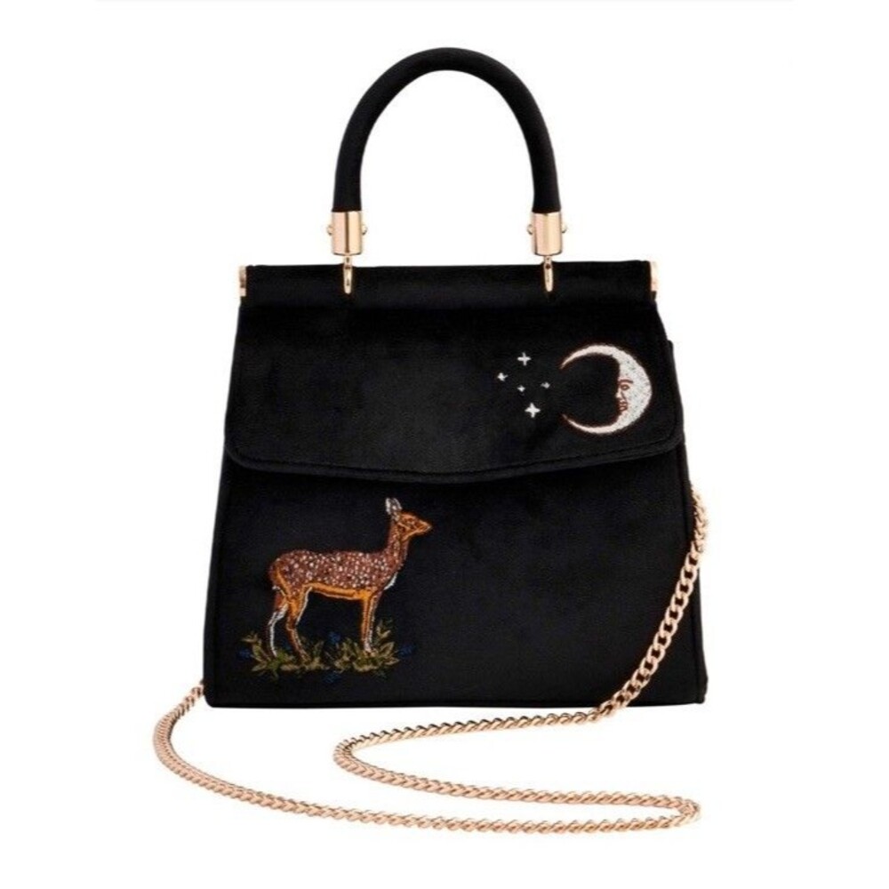 Fable Deer & Moon Embroidered Black Velvet Tote Chain Strap Top Handle NWT